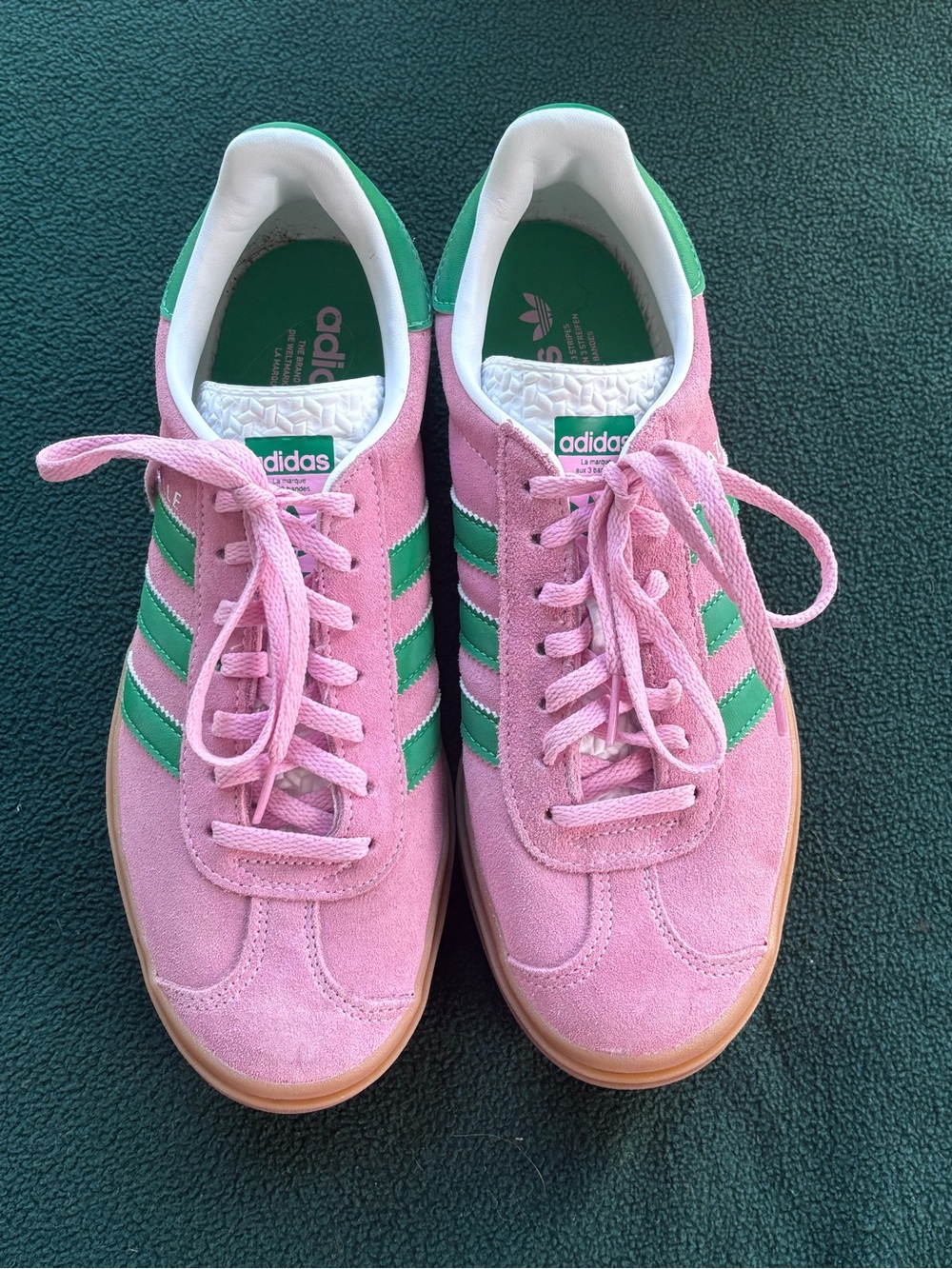 Adidas Gazelle Pink/Green Suede Platform Sneakers - Picture 2 of 7